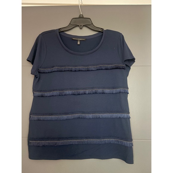White House Black Market Tops - White House Black Market Navy Blue Fringe Beaded Short Sleeve Top Womens Medium